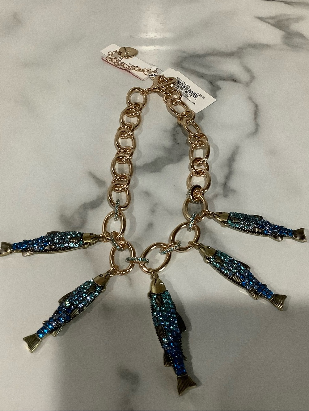 Gold-Tone Necklace with Blue-Green Fish Charms